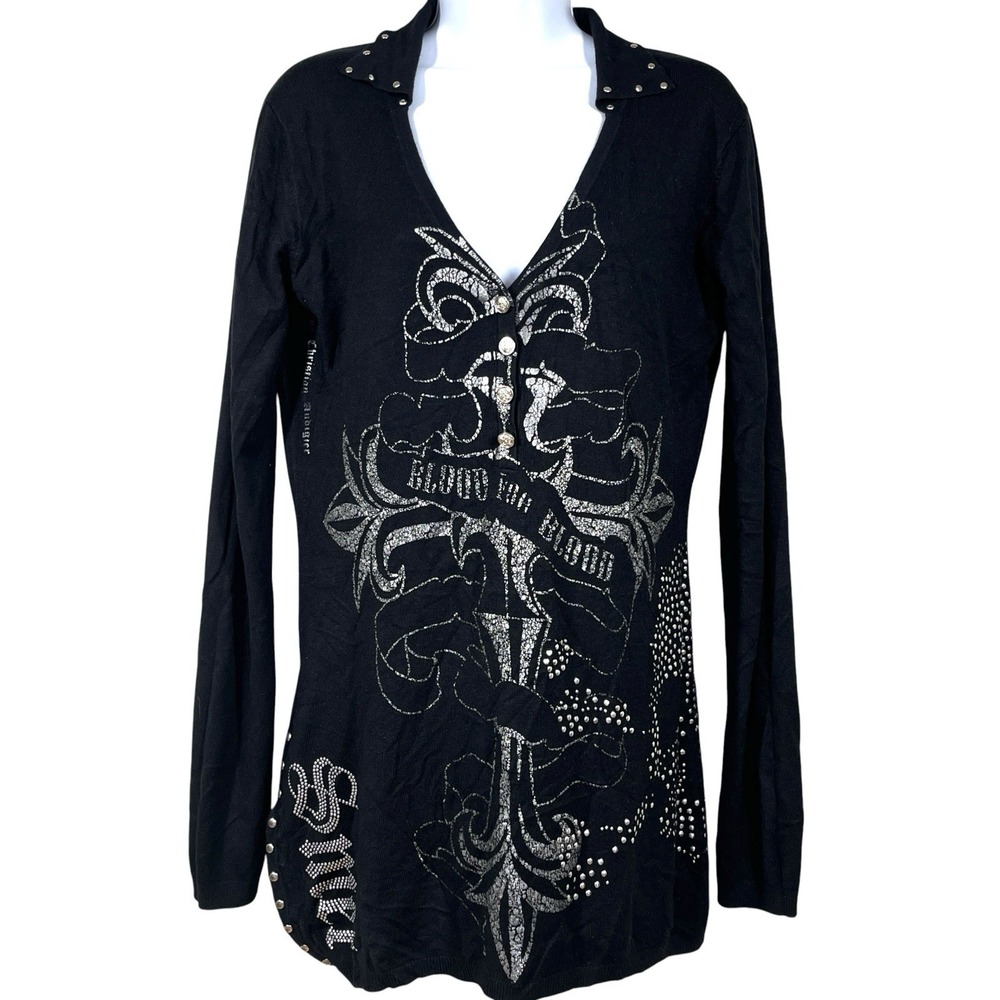 Vtg Y2K SMET Christian Audigier Sweater Womens M Grunge‎ Rock Streetwear Skull